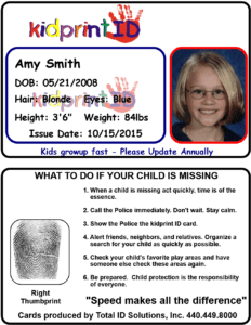 ID badge featuring either side on top and bottom. The first side shows the child's name, date of birth, and vital statistics, and a photograph. The reverse side shows a thumbprint and a guide for what to do if your child goes missing.